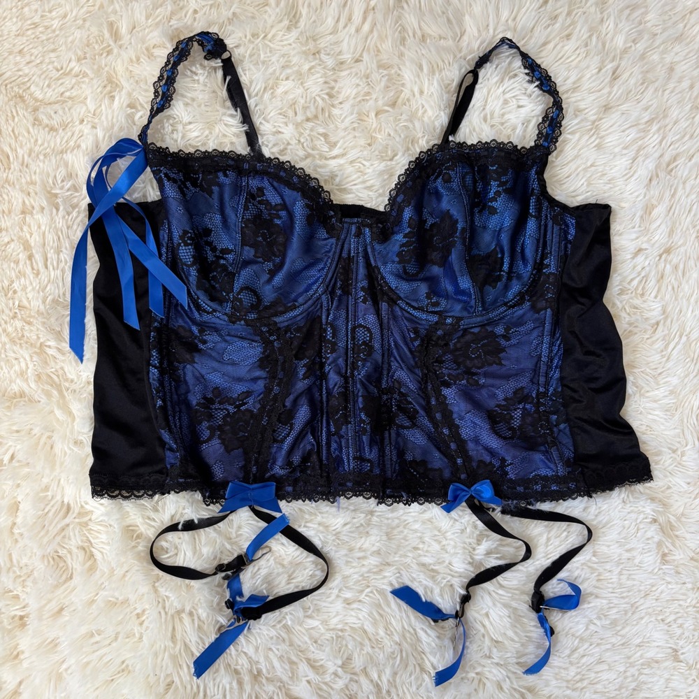 Intimate Attitudes Blue Black Lace Corset Bustier Garter Top Size 44 X9344